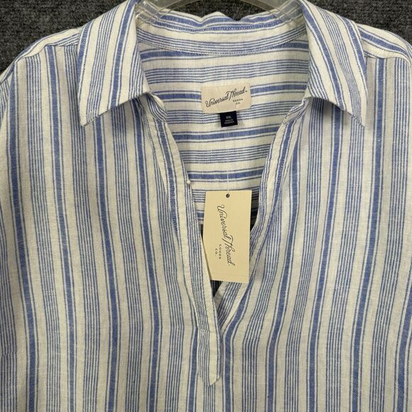 Universal Thread Pull Over Short Sleeve Shirt NWT Blue Stripe Sz XXL Linen Blend - Picture 2 of 11